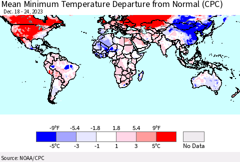 World Mean Minimum Temperature Departure from Normal (CPC) Thematic Map For 12/18/2023 - 12/24/2023