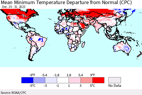 World Mean Minimum Temperature Departure from Normal (CPC) Thematic Map For 12/25/2023 - 12/31/2023