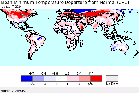 World Mean Minimum Temperature Departure from Normal (CPC) Thematic Map For 1/1/2024 - 1/7/2024