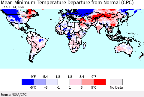 World Mean Minimum Temperature Departure from Normal (CPC) Thematic Map For 1/8/2024 - 1/14/2024