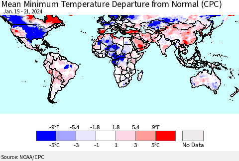 World Mean Minimum Temperature Departure from Normal (CPC) Thematic Map For 1/15/2024 - 1/21/2024