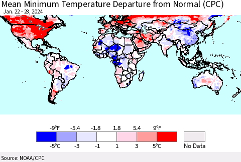World Mean Minimum Temperature Departure from Normal (CPC) Thematic Map For 1/22/2024 - 1/28/2024