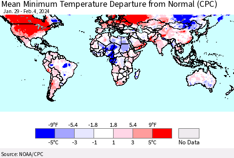 World Mean Minimum Temperature Departure from Normal (CPC) Thematic Map For 1/29/2024 - 2/4/2024