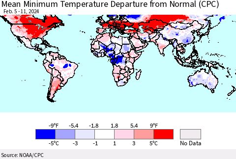 World Mean Minimum Temperature Departure from Normal (CPC) Thematic Map For 2/5/2024 - 2/11/2024