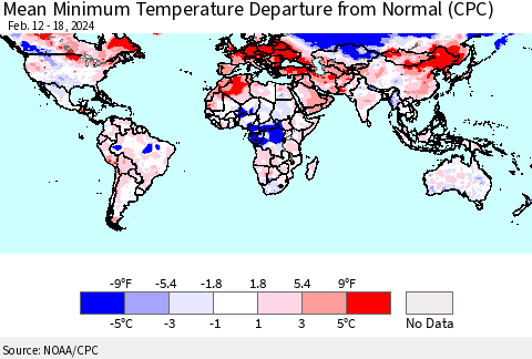 World Mean Minimum Temperature Departure from Normal (CPC) Thematic Map For 2/12/2024 - 2/18/2024