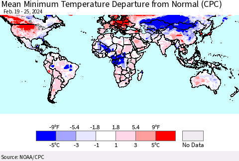 World Mean Minimum Temperature Departure from Normal (CPC) Thematic Map For 2/19/2024 - 2/25/2024