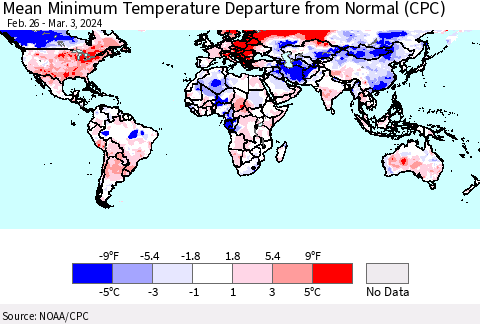 World Mean Minimum Temperature Departure from Normal (CPC) Thematic Map For 2/26/2024 - 3/3/2024