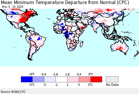 World Mean Minimum Temperature Departure from Normal (CPC) Thematic Map For 3/4/2024 - 3/10/2024