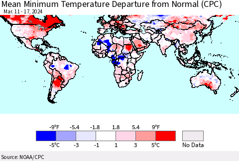 World Mean Minimum Temperature Departure from Normal (CPC) Thematic Map For 3/11/2024 - 3/17/2024