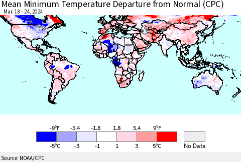 World Mean Minimum Temperature Departure from Normal (CPC) Thematic Map For 3/18/2024 - 3/24/2024