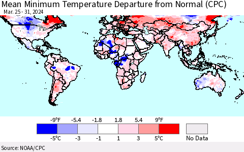 World Mean Minimum Temperature Departure from Normal (CPC) Thematic Map For 3/25/2024 - 3/31/2024