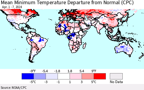 World Mean Minimum Temperature Departure from Normal (CPC) Thematic Map For 4/1/2024 - 4/7/2024
