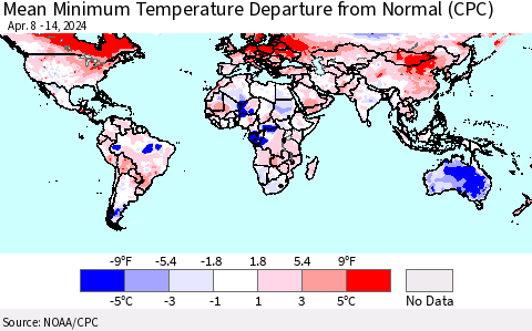 World Mean Minimum Temperature Departure from Normal (CPC) Thematic Map For 4/8/2024 - 4/14/2024