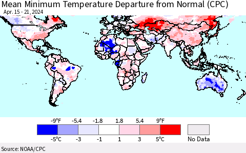 World Mean Minimum Temperature Departure from Normal (CPC) Thematic Map For 4/15/2024 - 4/21/2024