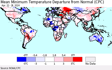 World Mean Minimum Temperature Departure from Normal (CPC) Thematic Map For 4/22/2024 - 4/28/2024
