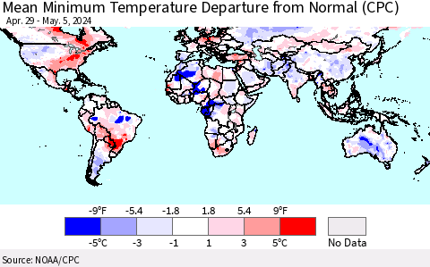 World Mean Minimum Temperature Departure from Normal (CPC) Thematic Map For 4/29/2024 - 5/5/2024
