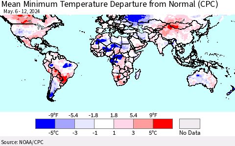 World Mean Minimum Temperature Departure from Normal (CPC) Thematic Map For 5/6/2024 - 5/12/2024