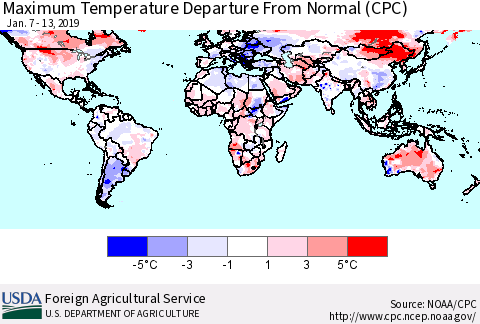 World Mean Maximum Temperature Departure from Normal (CPC) Thematic Map For 1/7/2019 - 1/13/2019