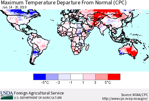 World Mean Maximum Temperature Departure from Normal (CPC) Thematic Map For 1/14/2019 - 1/20/2019