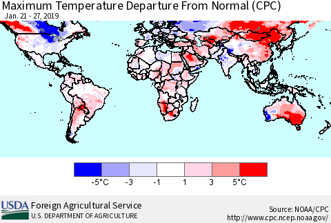 World Mean Maximum Temperature Departure from Normal (CPC) Thematic Map For 1/21/2019 - 1/27/2019