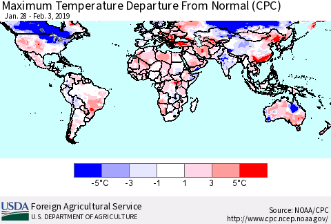 World Mean Maximum Temperature Departure from Normal (CPC) Thematic Map For 1/28/2019 - 2/3/2019