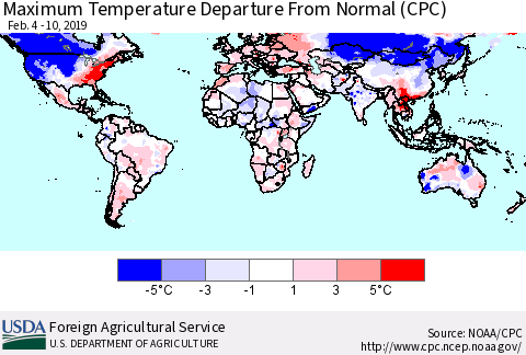 World Mean Maximum Temperature Departure from Normal (CPC) Thematic Map For 2/4/2019 - 2/10/2019