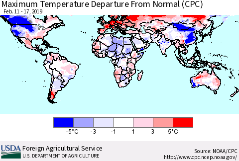 World Mean Maximum Temperature Departure from Normal (CPC) Thematic Map For 2/11/2019 - 2/17/2019