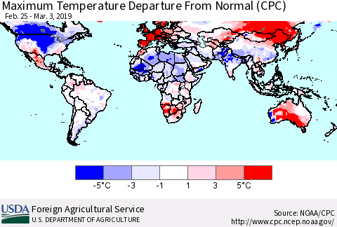 World Mean Maximum Temperature Departure from Normal (CPC) Thematic Map For 2/25/2019 - 3/3/2019