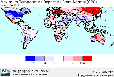 World Mean Maximum Temperature Departure from Normal (CPC) Thematic Map For 3/4/2019 - 3/10/2019