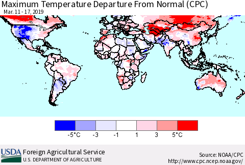 World Mean Maximum Temperature Departure from Normal (CPC) Thematic Map For 3/11/2019 - 3/17/2019