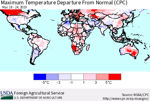 World Mean Maximum Temperature Departure from Normal (CPC) Thematic Map For 3/18/2019 - 3/24/2019