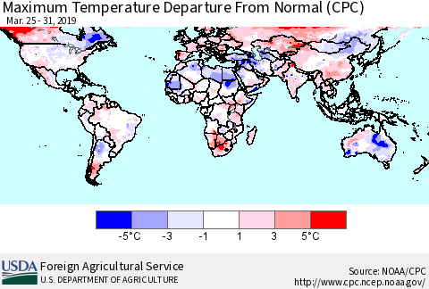 World Mean Maximum Temperature Departure from Normal (CPC) Thematic Map For 3/25/2019 - 3/31/2019