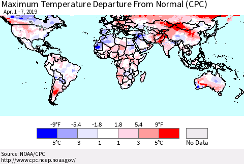 World Mean Maximum Temperature Departure from Normal (CPC) Thematic Map For 4/1/2019 - 4/7/2019