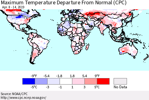 World Mean Maximum Temperature Departure from Normal (CPC) Thematic Map For 4/8/2019 - 4/14/2019