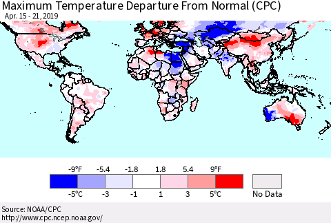 World Mean Maximum Temperature Departure from Normal (CPC) Thematic Map For 4/15/2019 - 4/21/2019