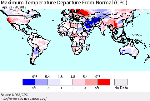 World Mean Maximum Temperature Departure from Normal (CPC) Thematic Map For 4/22/2019 - 4/28/2019
