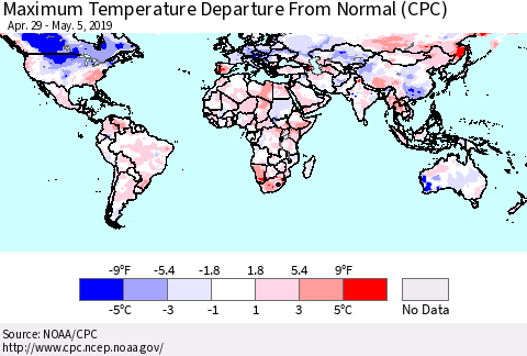 World Mean Maximum Temperature Departure from Normal (CPC) Thematic Map For 4/29/2019 - 5/5/2019
