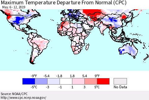 World Mean Maximum Temperature Departure from Normal (CPC) Thematic Map For 5/6/2019 - 5/12/2019