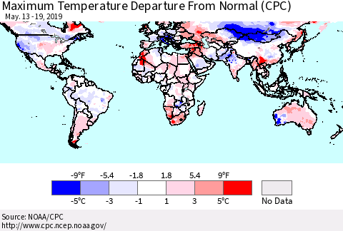 World Mean Maximum Temperature Departure from Normal (CPC) Thematic Map For 5/13/2019 - 5/19/2019