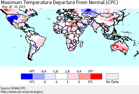 World Mean Maximum Temperature Departure from Normal (CPC) Thematic Map For 5/20/2019 - 5/26/2019
