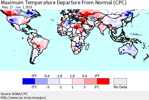 World Mean Maximum Temperature Departure from Normal (CPC) Thematic Map For 5/27/2019 - 6/2/2019