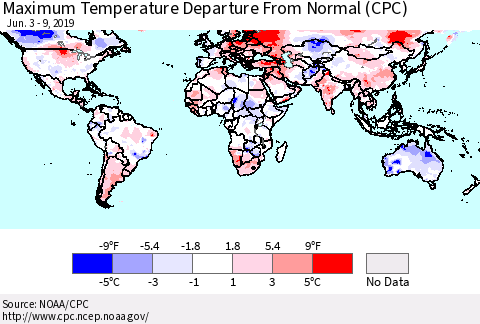 World Mean Maximum Temperature Departure from Normal (CPC) Thematic Map For 6/3/2019 - 6/9/2019
