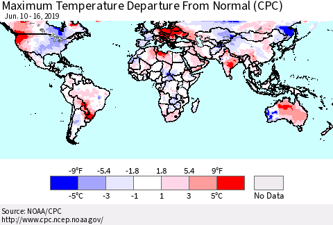 World Mean Maximum Temperature Departure from Normal (CPC) Thematic Map For 6/10/2019 - 6/16/2019
