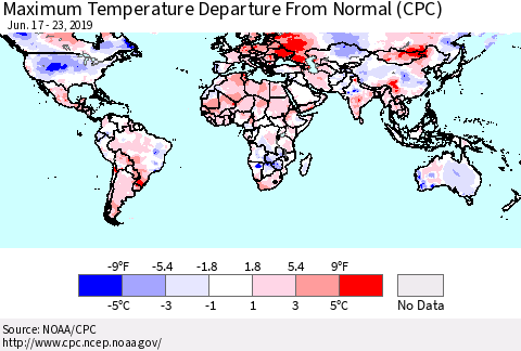 World Mean Maximum Temperature Departure from Normal (CPC) Thematic Map For 6/17/2019 - 6/23/2019