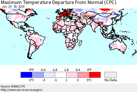 World Mean Maximum Temperature Departure from Normal (CPC) Thematic Map For 6/24/2019 - 6/30/2019