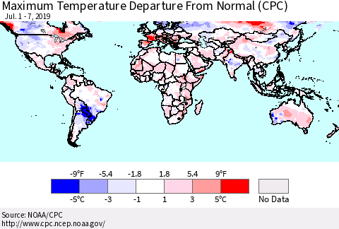 World Mean Maximum Temperature Departure from Normal (CPC) Thematic Map For 7/1/2019 - 7/7/2019