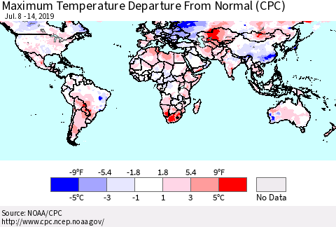 World Mean Maximum Temperature Departure from Normal (CPC) Thematic Map For 7/8/2019 - 7/14/2019