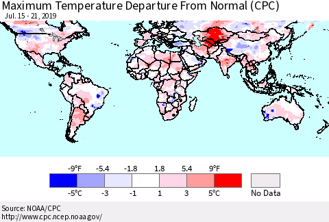 World Mean Maximum Temperature Departure from Normal (CPC) Thematic Map For 7/15/2019 - 7/21/2019