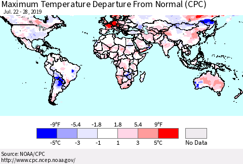World Mean Maximum Temperature Departure from Normal (CPC) Thematic Map For 7/22/2019 - 7/28/2019