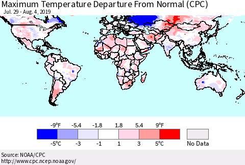 World Mean Maximum Temperature Departure from Normal (CPC) Thematic Map For 7/29/2019 - 8/4/2019